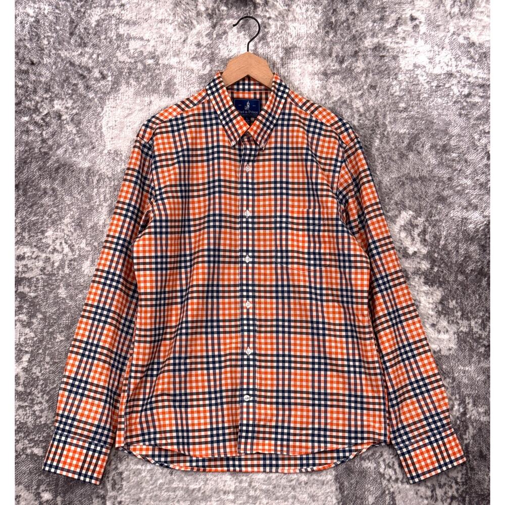 Wool & Prince Shirt Large Mens 100% Wool Orange Gingham Check Long Sleeve
